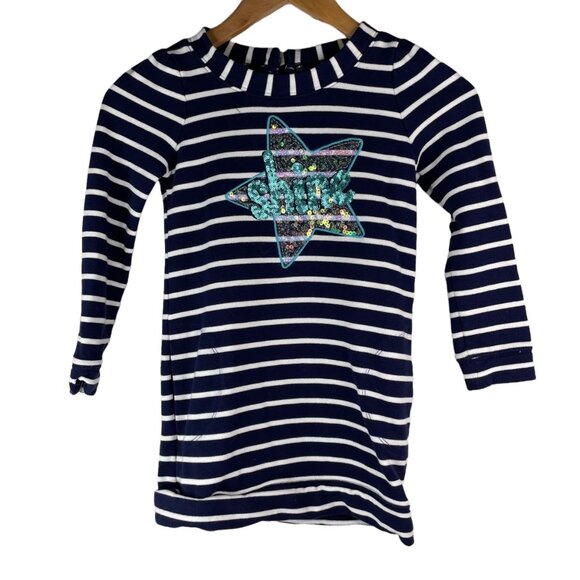 Gymboree Striped Dress Girls Size 7 Star Shine Glitter Sequins Navy Blue White - Picture 1 of 5
